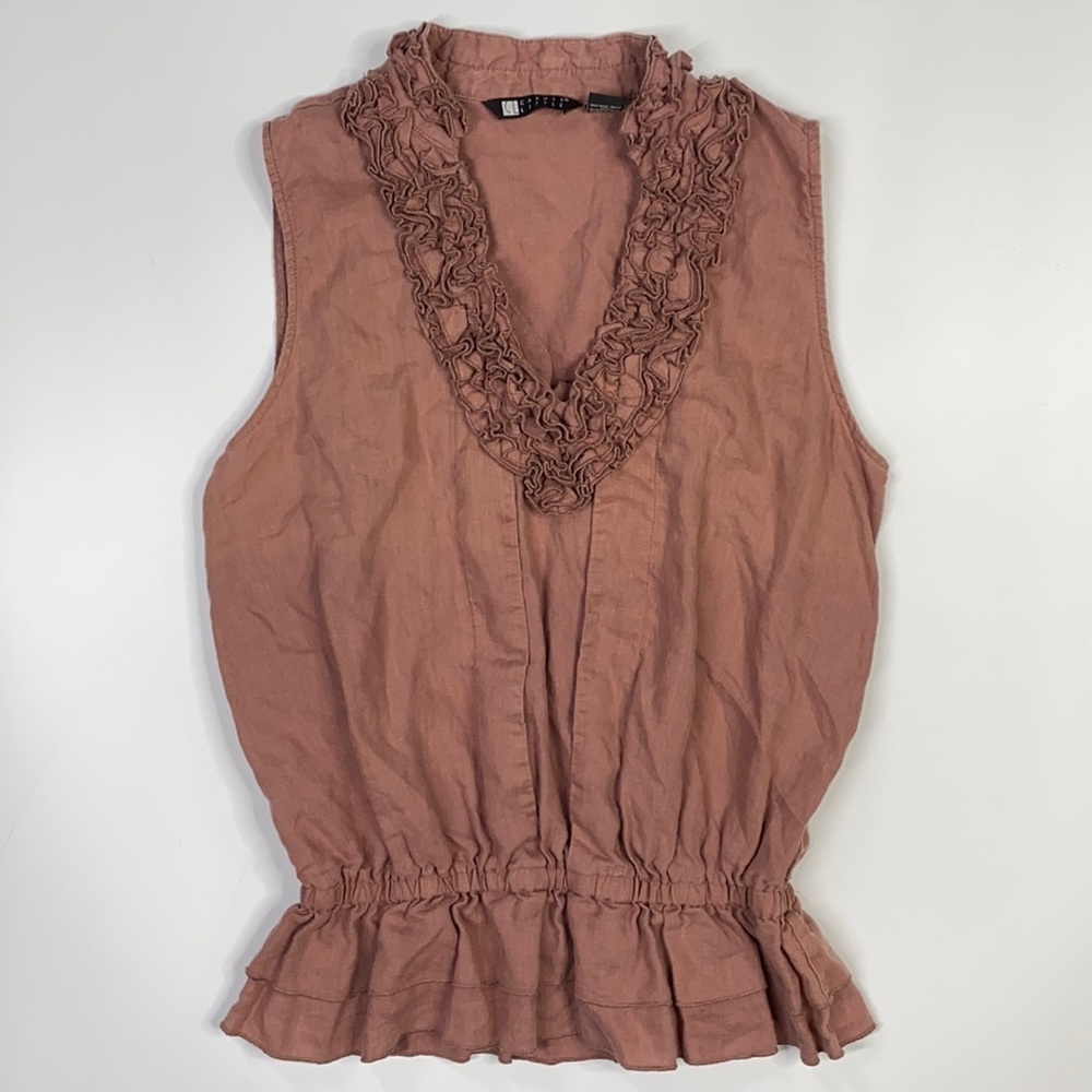 Carole Little Pink Linen Sleeveless Ruffleneck Top